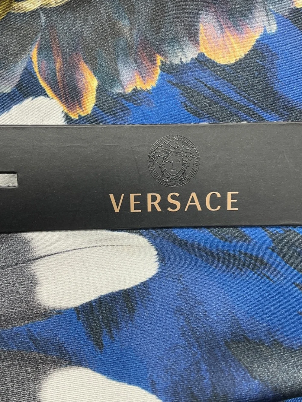 VERSACE BLUE / GOLD MULTI LEOPARD, FEATHER, AND MEDUSA MEDALLION CHAIN PRINT SQU